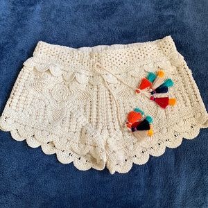 Surf Gypsy cream crochet shorts with tie from tassel accent